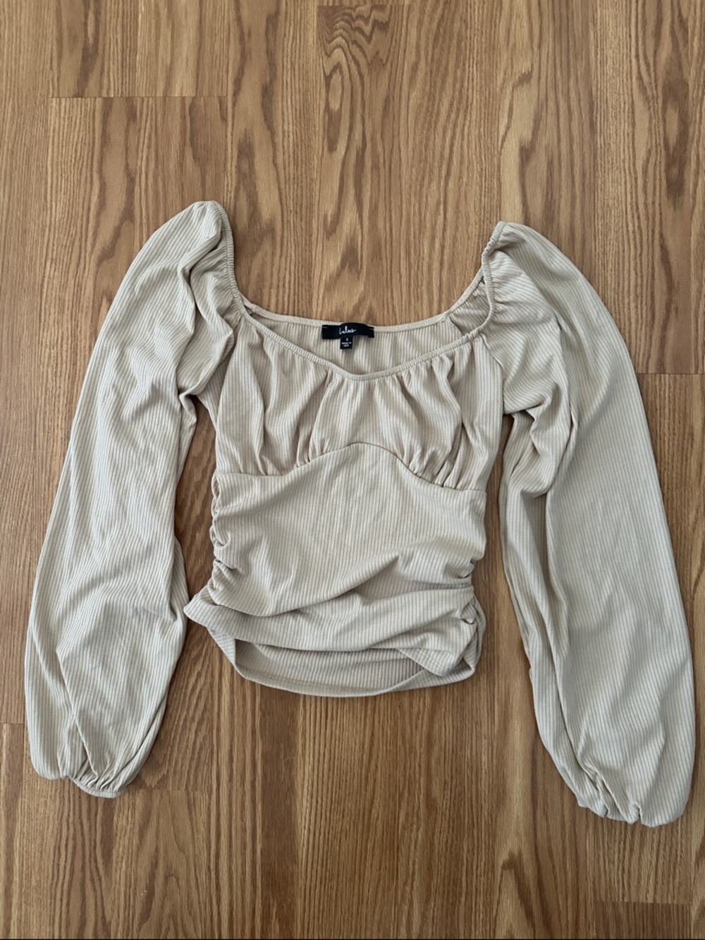 Lulu's Ribbed Puff-Sleeve Long Sleeve Top in Beige